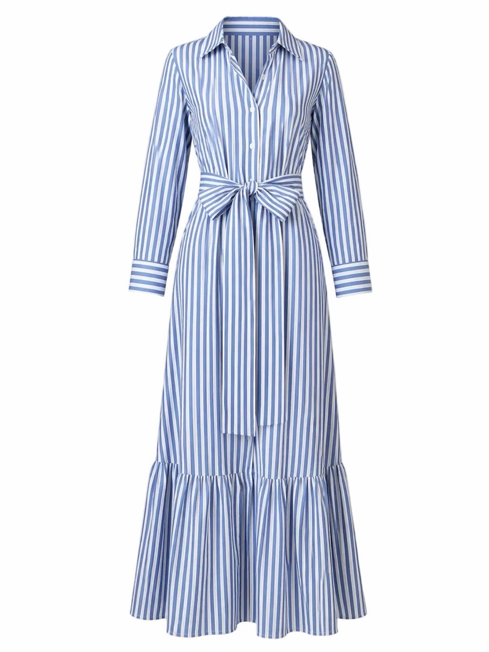 La Plage Women's Blue & White Striped Long Sleeve Shirt Dress with Waist Tie